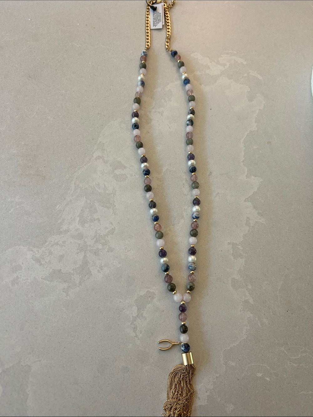 Multicolor Beaded Necklace with Gold Tassel - Women's Jewelry